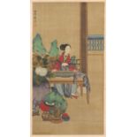 Chinese wall hanging scroll hand painted with a scholar, signed with character marks and red seal