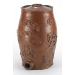 19th century salt glazed barrel with applied crests, 37cm high : For Further Condition Reports