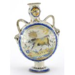 Antique Italian Majolica pottery vase with twin handles, hand painted with two birds and a raging