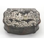 Late 18th/Early 19th century tortoiseshell snuff box, the hinged lid inlaid with silver and mother