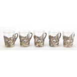 Set of five French Art Nouveau silver plated liqueur glasses with liners, each with impressed
