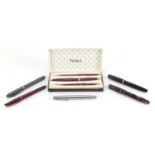 Five vintage fountain pens and a Parker fountain, ballpoint and propelling pencil set including a