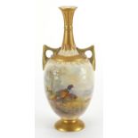 Royal Worcester porcelain vase with twin gilt handles, hand painted with two pheasants by James