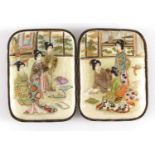 Japanese Satsuma pottery two piece buckle, hand painted with Geisha's in an interior, overall 9cm