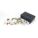 Antique and later jewellery including tie pins, silver brooches, coral cross and enamel brooches :