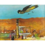 Surreal bird show, Australian school oil on board, inscribed verso, framed, 49cm x 39cm :For Further