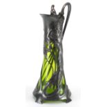 Art Nouveau pewter and green glass lined ewer by WMF, the pewter body cast with a stylised maiden,