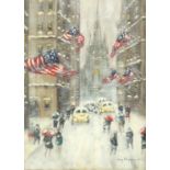 After Guy Wiggins - American winter street scene, oil on board, mounted and framed, 37cm x 26.5cm :