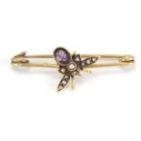 Unmarked gold fly brooch with amethyst body and seed pearls, 3.8cm in length, approximate weight 2.