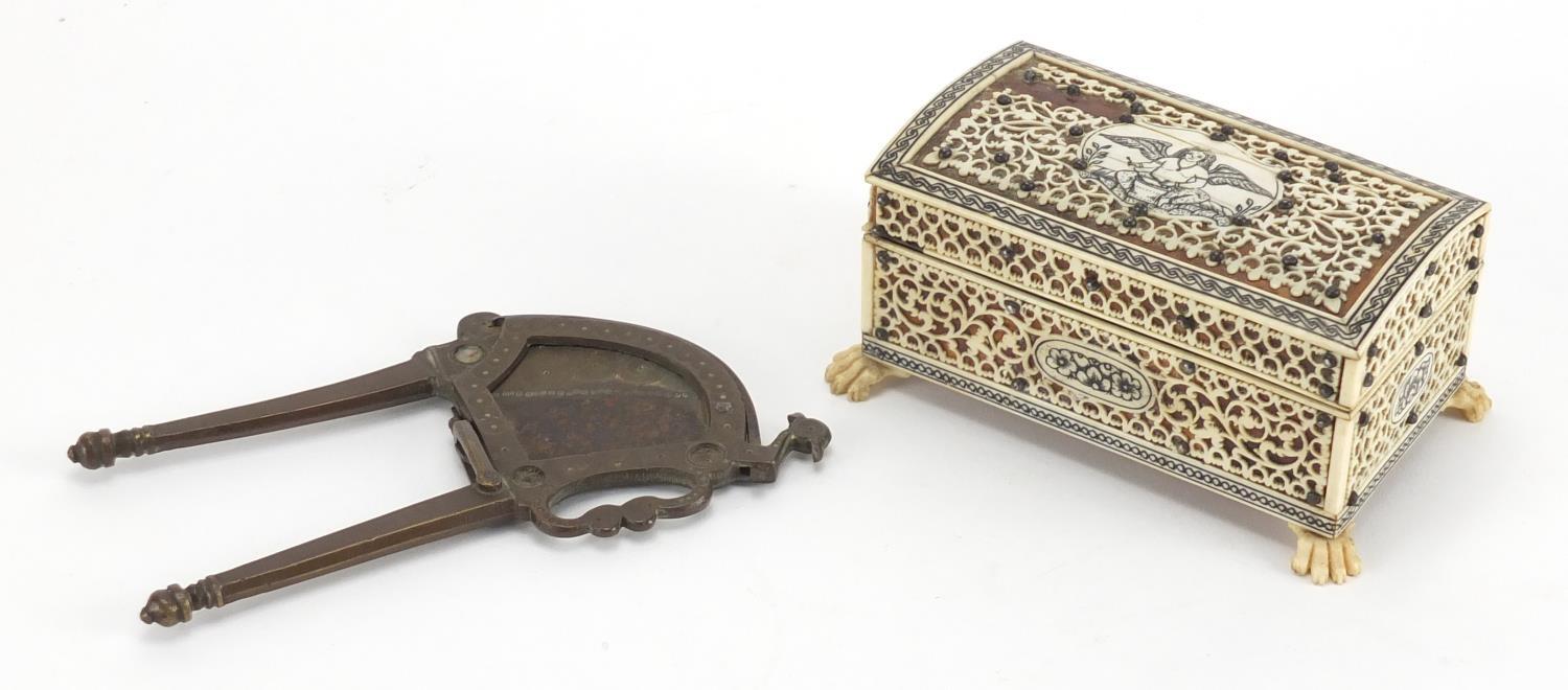 Vizagapatam ivory, blonde tortoiseshell and sandalwood casket, together with a pair of Indian