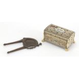 Vizagapatam ivory, blonde tortoiseshell and sandalwood casket, together with a pair of Indian