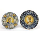 Two antique Italian Cantagalli plates, each hand painted with a central portrait within classical