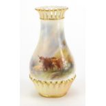 Royal Worcester vase with pierced rim, hand painted with Highland Cattle by Harry Stinton, factory
