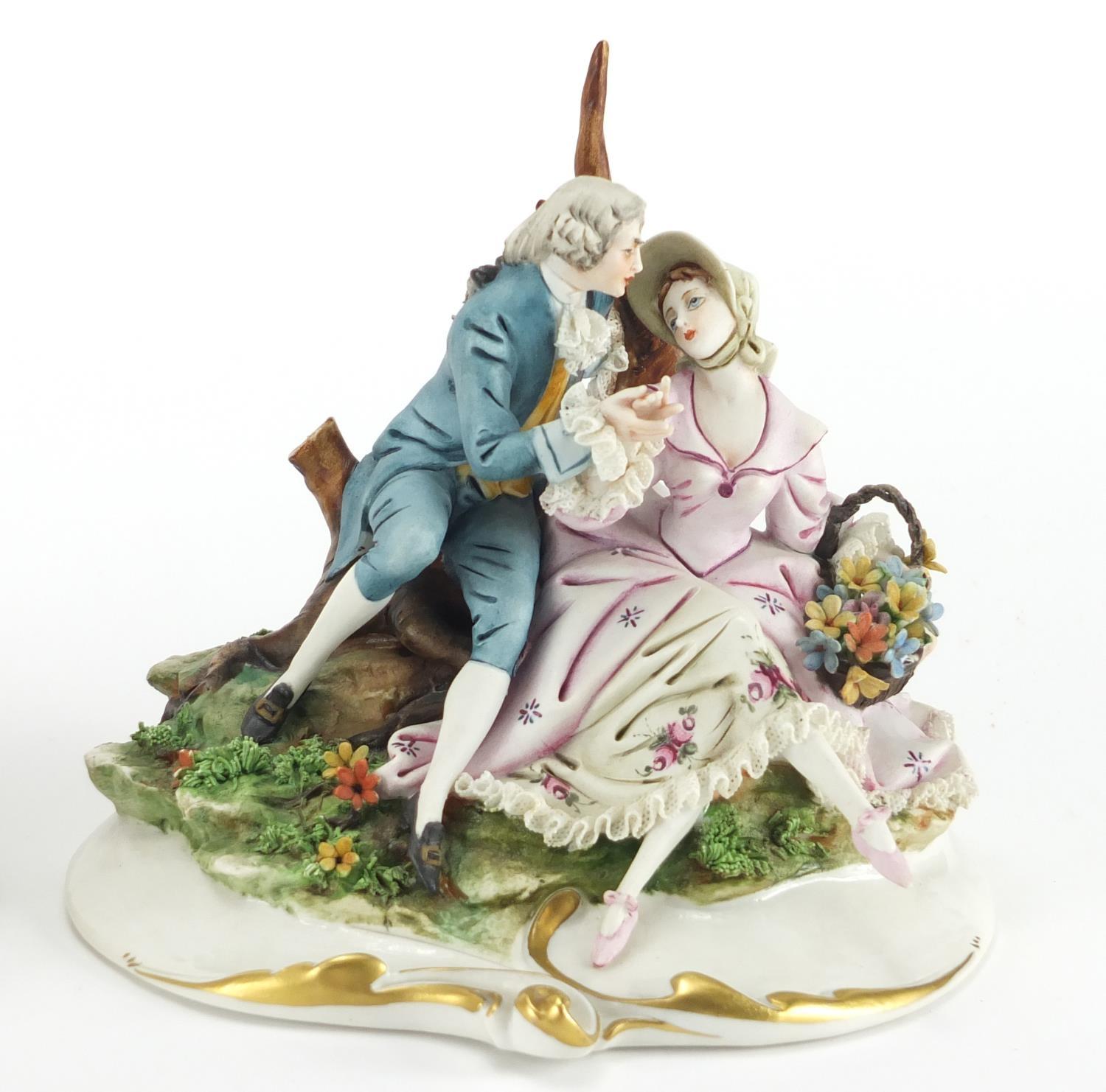 Capodimonte hand painted porcelain figure of two lovers and an example of a female holding a flower, - Image 3 of 8