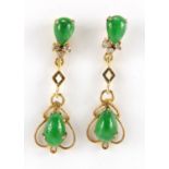 Pair of 14ct gold jade and diamond drop earrings, 2.5cm in length, approximate weight 1.9g :For