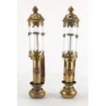 Pair of GWR brass candle holders with glass shades, each 38cm high : For Further Condition Reports