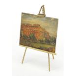 Novelty brass easel housing a brass panel hand painted with Hampton Court Palace, overall 10.5cm