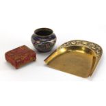 Chinese metalware including a rectangular cinnabar lacquer box, cloisonné vase enamelled with