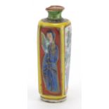 Chinese porcelain yellow ground snuff bottle, the square body hand painted and gilded with panels of