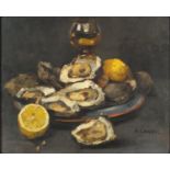 Edward Chappel - Still life items on a table, continental school oil on wood panel, label verso,