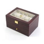 Rolex cherry wood dealers display box, with base drawer and dust bag, 16cm H x 29cm W x 20.5cm D :