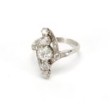 Art Deco unmarked white metal diamond cocktail ring size O, approximate weight 6.2g :For Further
