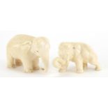 Two carved ivory elephants including a Japanese example with character marks to the base of one