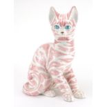 Large Italian faience glazed pottery cat, hand painted in pink, painted marks and Phillips label
