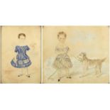 E Gibson - Portrait of a young girl with her dog and one other, two early Victorian pencil and