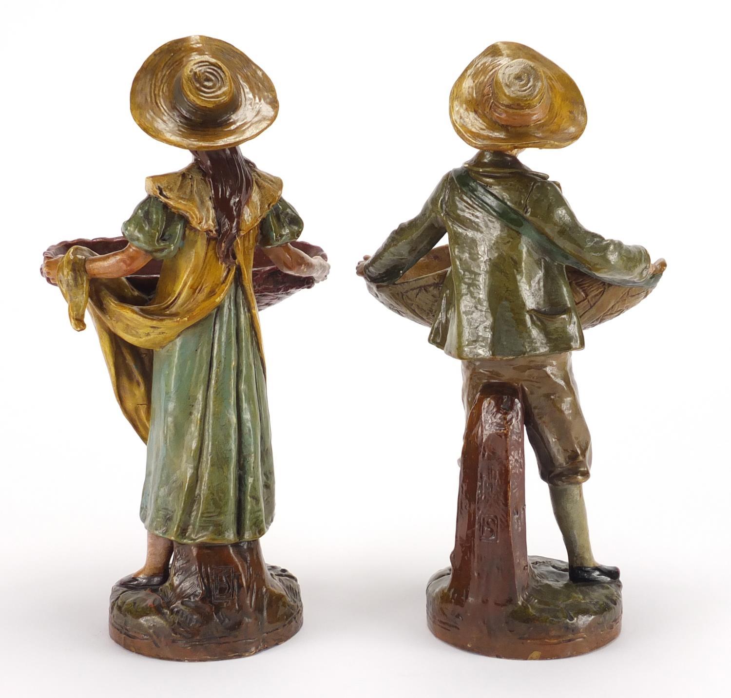 Pair of 19th century hand painted terracotta figural sweet meat dishes, impressed numbers to the - Image 2 of 6