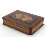Italian Sorrento games box, the hinged lid inlaid with amboyna and ebony decorated with paying