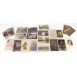 Predominantly First World War Military and sweetheart postcards, some black and white including