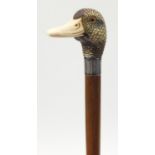 19th century parasol with carved ivory ducks head handle by Brigg & Sons, the ducks head having