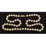 Cultured pearl necklace with 9ct gold clasp, 44cm in length, approximate weight 22.5g : For