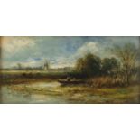 Joseph Thors - River landscape with windmill and cattle, 19th century oil on board, mounted and