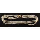 Three row pearl necklace with 18ct gold sapphire and diamond clasp, 32cm in length, approximate