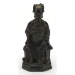 Chinese Patinated bronze study of a seated emperor, character marks to the reverse, 38.5cm high :For