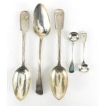 Five Georgian silver spoons including a pair of mustard spoons, various hallmarks, the largest