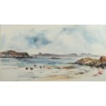 Ken Lochhead - Coastal scene with figures, watercolour, label verso, mounted and framed, 55cm x 30cm