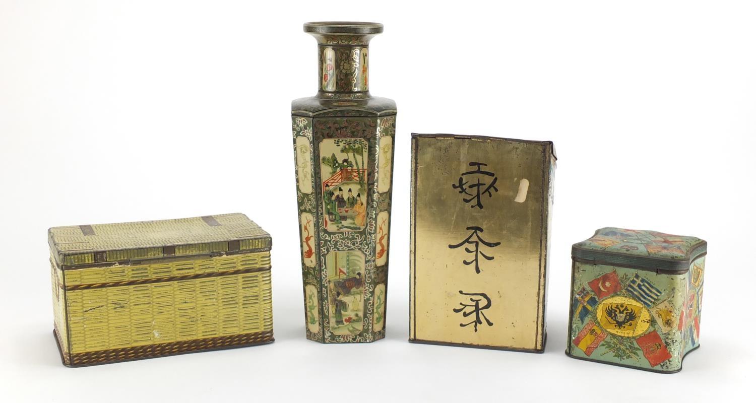 Four vintage biscuit tins, including a Huntley & Palmers example in the form of a Chinese vase - Image 4 of 7