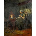 Lady knitting in an interior with a baby in a highchair, 19th century Hague school oil on canvas,