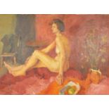 Portrait of a seated nude female in an interior, oil on canvas, framed, 101.5cm x 76cm :For