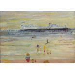 Manner of Fred Yates - Beach with pier, oil on canvas, framed, 34cm x 24cm :For Further Condition