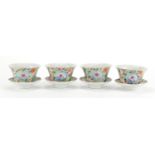 Set of four Chinese porcelain one thousand flower rice bowls with saucers, each hand painted in