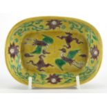 Chinese porcelain yellow ground brush washer, hand painted with cranes, flower heads and foliate