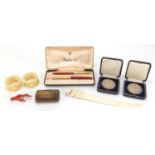 Antique and later objects including a Parker 61 pen set, Indian carved ivory letter opener, pair