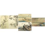 Five 19th century and later Japanese woodblock prints, including a diptych depicting birds and two