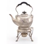 Victorian silver demi fluted teapot on stand,with burner, by James Deakin & Sons, Sheffield 1900,