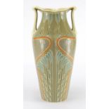 Continental Art Nouveau pottery vase with twin handles, hand painted and incised with stylised