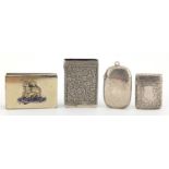 Two rectangular silver vesta's and two white metal matchbox cases, one with the Queens Guards